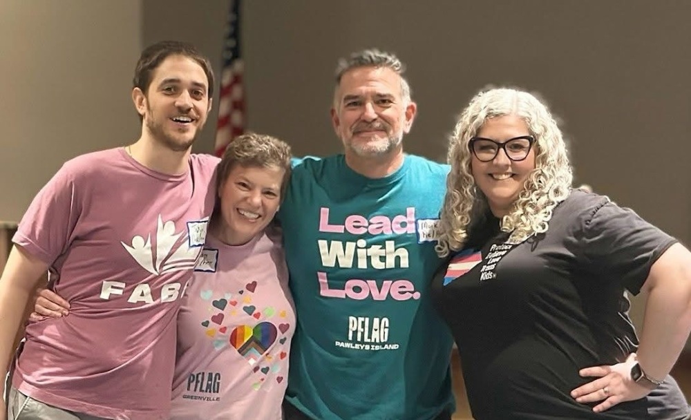 Josh Malkin of SC ACLU, Susan Ward of PFLAG Greenville, PFLAG regional director Mark Bayer of PFLAG Pawleys Island, and Jessicka Spearman Childs of PFLAG Anderson gather for a photo following the first interest meeting of newly forming PFLAG Greater Charleston.